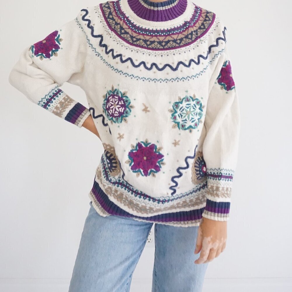 Vintage Accordeo Cream Purple Fair Isle Embroidered Sweater Cotton Cabincore L